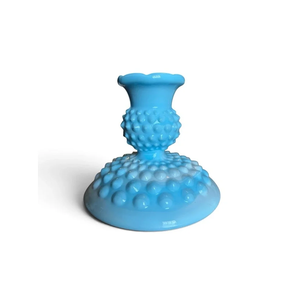 Pair Vtg Fenton Blue slag Hobnail Candle Holders Candlesticks Ruffled Rim